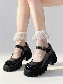 ROMWE Kawaii 1双夏季蕾丝洛丽塔JK风格中筒袜，白色爱心图案，可爱女士款 - 白色 - 查看 1