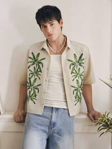 Manfinity Unisex Casual Men's Woven Fabric Half Sleeve Shirt With Tropical Plant Print And Button Front In Apricot Bowling Shirt For Men Cuban Shirt Mens Palm Tree Shirt - Apricot - View 6