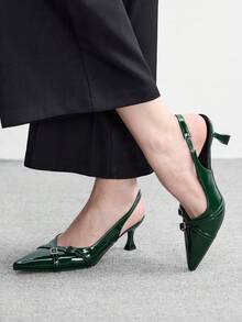 CUCCOO BIZCHIC Bombas de tacón de gatito con punta puntiaguda de material de PU, adecuadas para el uso diario, el trabajo y las fiestas - Verde Oscuro - Ver 1