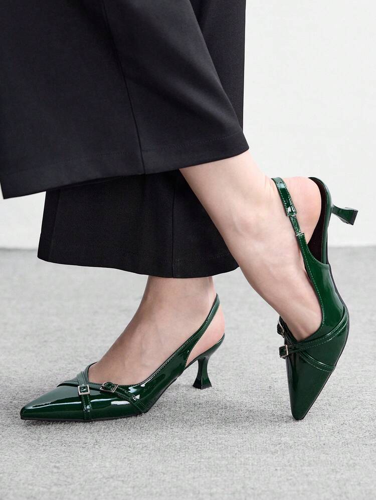 CUCCOO BIZCHIC Women's Fashion Pointed Toe PU Material Slip-On Kitten Heel Pumps, Suitable For Daily Commute, Work, Party