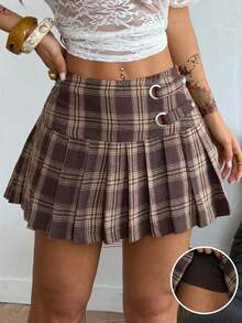 Coolane Women's Plaid Pleated Versatile Casual Skirt Pants - Brown - View 5