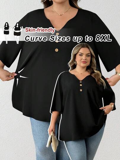 SHEIN CURVE+ Plus Size Casual Black Decorative Button Notched Neck 3/4 Sleeve Loose Blouse, Black Notched Neck Blouse, Fashionable Women Blouse