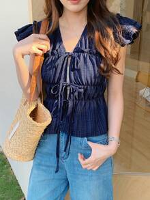 DAZY Women's V-Neck Tie Bow Cap Sleeve Blouse, Suitable For Daily Wear - Navy Blue - View 9