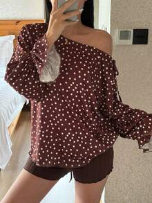 DAZY Polka Dot Print Loose Asymmetrical Shoulder Top & Super Short Fitted Pajama Pants Women Sleepwear Set - Brown - View 3