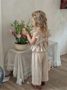 LMoss Kids 2pcs Young Girl Set: Woven Collared Ruffle Trim Blouse And Woven Loose Fit Pants - Apricot - View 4