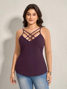 SHEIN LUNE Áo tank top nữ cỡ lớn không tay, dây mảnh, kiểu dáng tối giản, thoải mái, thích hợp cho mùa hè, với phần lưng đan chéo. - Màu tím - Xem 1