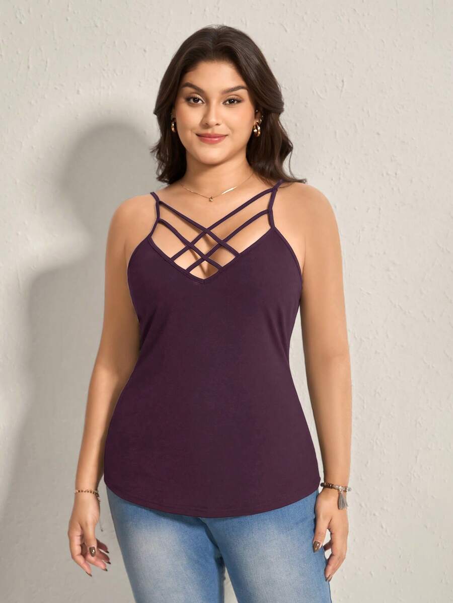 SHEIN LUNE Áo tank top nữ cỡ lớn không tay, dây mảnh, kiểu dáng tối giản, thoải mái, thích hợp cho mùa hè, với phần lưng đan chéo. - Màu tím - Xem 1