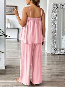 Roveilla Plus Size Women's Linen Blend Casual Jumpsuit, Loose Fit Sleeveless Romper For Commuting, Vacation, Beach, Spring/Summer Women Vacation Outfit Sets Wide Leg Pants Set Two Piece Set Women Comfy Summer Pants Sets For Women Casual Two Piece Set - Pink - View 2