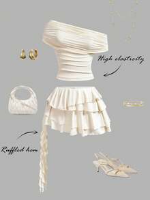 SHEIN MOD 女士夏季休闲优雅百褶纯色上衣和半裙两件套 - 杏色 - 查看 4