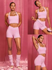 GLOWMODE 2 Pieces FeatherFit™-Sculpt Super Set Adjustable Halter Sports Tank Top & 4.3" Y-Shaped Butt Crossover Waist Active Shorts Set Medium Impact Workout Jogging Gym Training - Baby Pink - View 10