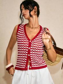 Poéselle Women's Knitted Cardigan, Fashion Spring/Summer New Arrival - Red and White - View 2