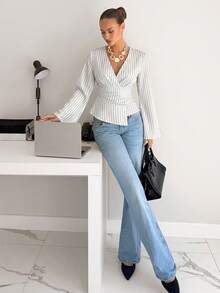 Siren Gaze Áo sơ mi dài tay xếp ly in họa tiết kẻ sọc thanh lịch dành cho nữ - trắng - Xem 3