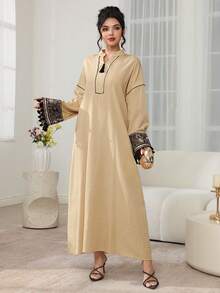 Al Najma Abaya Women's Long Robe, Exquisite Embroidered Sash Bohemian Style Dress, Middle Eastern, Dubai, Turkish - Khaki - View 4