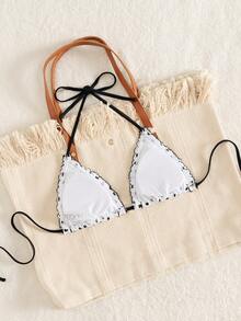 Swim Mod Women's Polka Dot Print Elegant Halter Tie Bikini Top - Multicolor - View 2