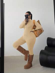 POPSWAY 加大码黑色长袖连体裤，前拉链，腰部收紧，修身剪裁，纯色，百搭，日常穿着 - 卡其色 - 查看 3