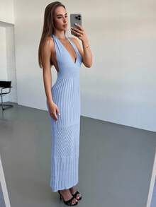 Aloruh 新款钩针编织露背深V领性感度假/约会/休闲针织连衣裙 - 淺藍色 - 查看 7