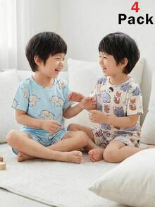 SHEIN 4件套男童宽松休闲两件套睡衣套装，适合夏季穿着 - 彩色 - 查看 5