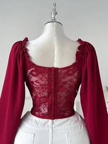 Comfortcana 大码女式灯笼袖蕾丝拼接方领垫肩衬衫，浪漫约会派对必备，秋冬款 - 酒紅色 - 查看 2