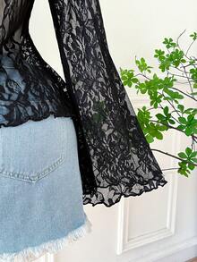 SHEIN EZwear 大码撞色甜心领蕾丝拼接长袖T恤 - 彩色 - 查看 7