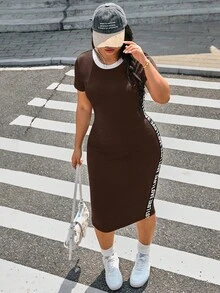 SHEIN EZwear Đầm ôm sát màu đen cỡ lớn, phối màu tương phản, thích hợp cho mùa Xuân/Hè. - màu nâu - Xem 1