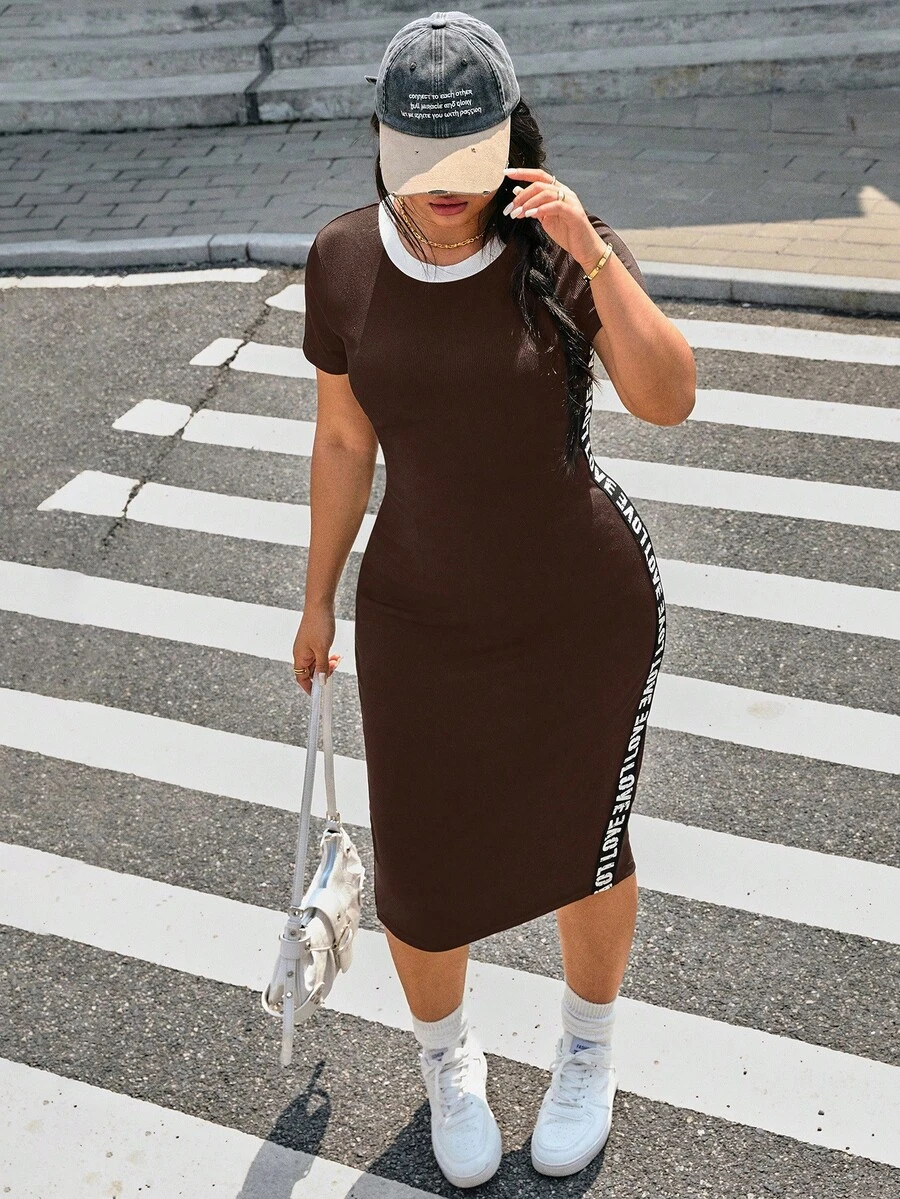 SHEIN EZwear Đầm ôm sát màu đen cỡ lớn, phối màu tương phản, thích hợp cho mùa Xuân/Hè. - màu nâu - Xem 1