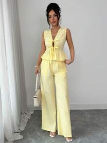 SHEIN Elenzya A Two Pieces Set For Elegant Summer Vacation Woven By Ladies - Yellow - View 6