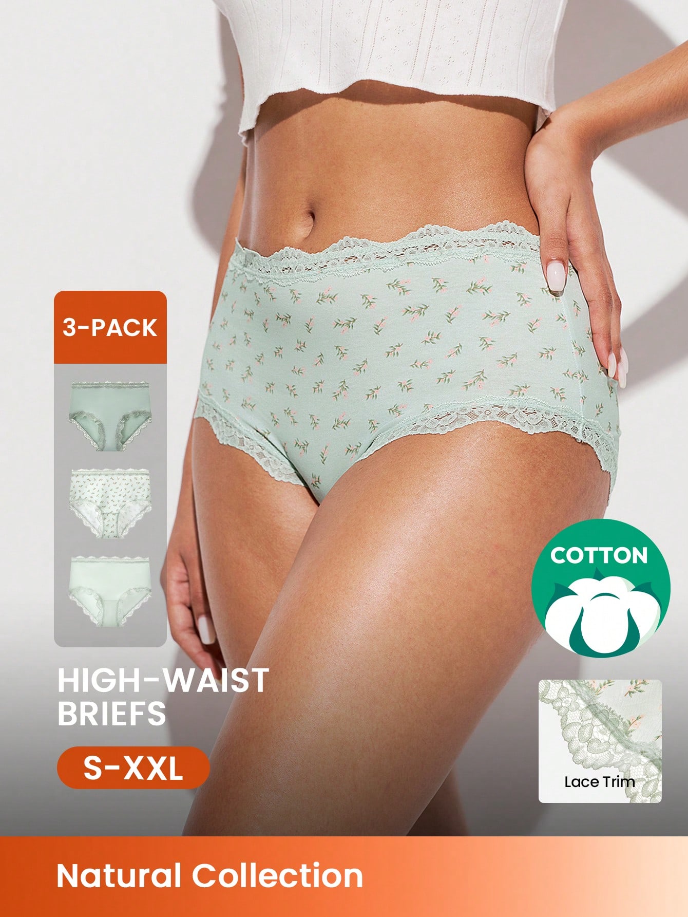3er-Pack Baumwoll-Höschen mit Spitzenbesatz, Mittlere Taille, Grundmodell - Blume Muster mit Spitzenbesatz - Grün