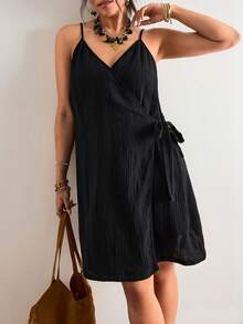 SHEIN VCAY Große Größen Lässig einfarbiges Zugband Wickel-Trägerkleid, Strandkleid, Urlaubsoutfit, Boho-Stil - Schwarz - Übersicht 6