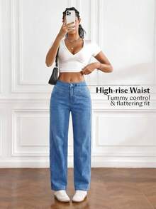 SHEIN Unity Women's Pocket Button Casual Versatile Daily Wear Wide Leg Jeans - Light Wash - View 7