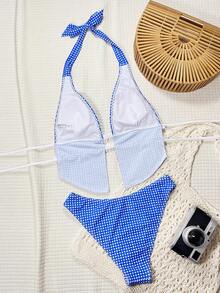 Bonvoyette-D Blue & White Plaid Random Print Frill Halter Tie Back Casual Cute Beach Tankini Swimwear For Women, Spring/Summer - Blue and White - View 2