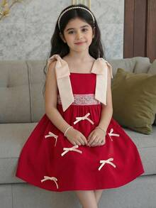 SHEIN Vestido de niña con contraste de color y lazo tejido - Blanco - Ver 10