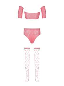 PetitDoll Women's Solid Color Shoulder Top, Triangle Panty And Fishnet Stockings Sexy Lingerie Set - Watermelon Pink - View 2