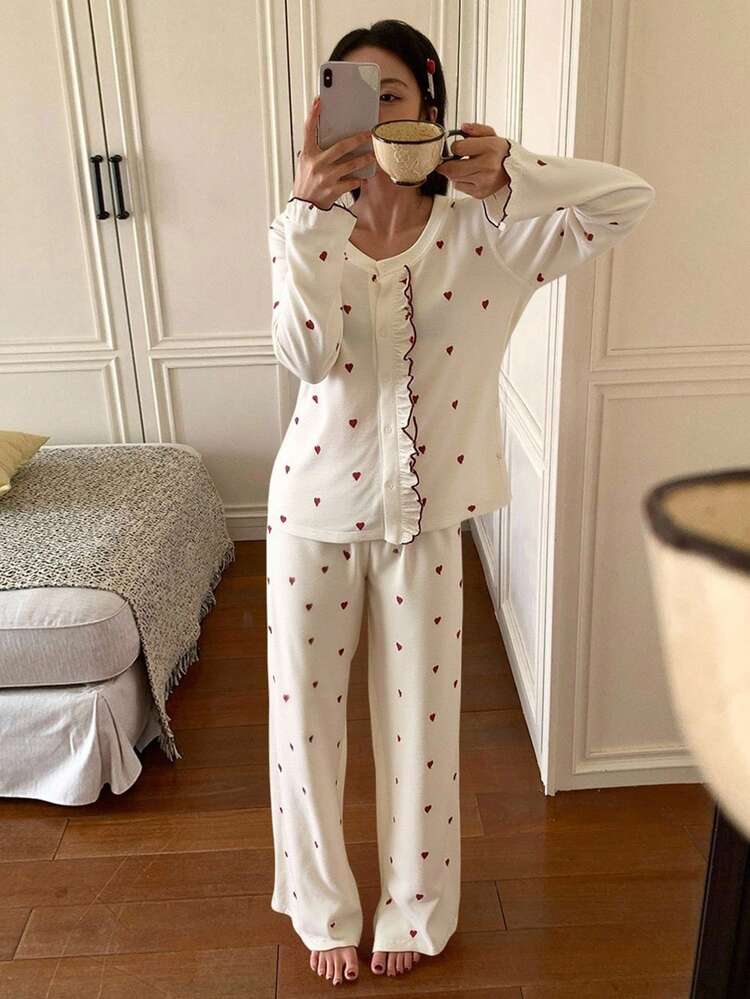 2pcs Women Loose Frill Trim Heart Shaped Cardigan And Pants Pajama Set, Spring/Autumn
