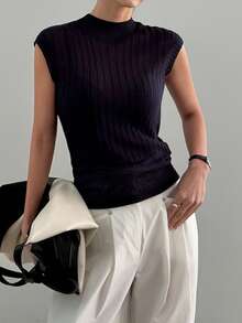 DAZY 女士夏季圆领短袖薄纱露背性感休闲修身针织上衣 - 藏蓝色 - 查看 5