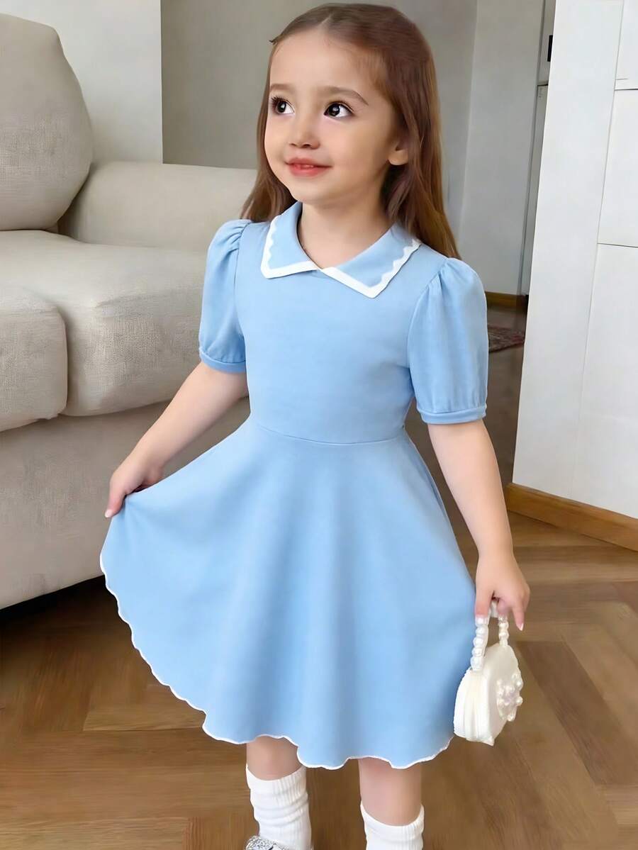 SHEIN Girls' Casual Blue Contrast Collar Waist Knit Dress - Navy Blue - View 1