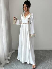 Al Najma Đầm Ả Rập thanh lịch, lãng mạn, cổ chữ V, tay dài, dáng rộng, xếp ly, thêu ren dành cho nữ. - trắng - Xem 5
