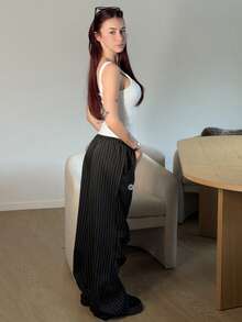 Abrilcols 女式夏季基本款条纹阔腿运动裤 - 黑色 - 查看 6