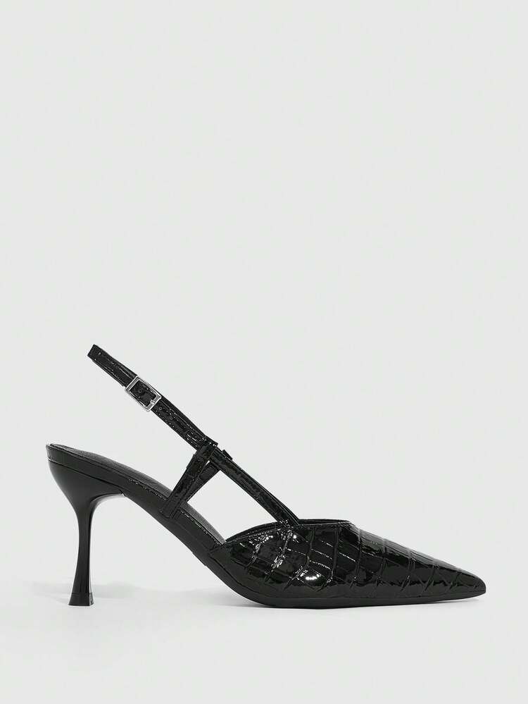 CUCCOO SZL Women's Pointed Toe Black Patent Leather Stone Texture Ankle Strap Sexy Stiletto High Heel Party Sandals