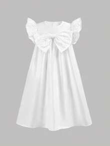 Firerie Kids Tween Girl Luxurious Elegant Textured Jacquard A-Line Dress With Bow Front - White - View 2