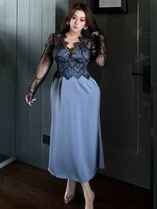 Dazy Plus Elegant maxiklänning med sjöjungfrukant och kontrasterande spets, vår/sommar - Blå - Visa 6