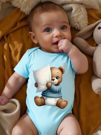 Pelele informal para bebé niño con estampado de oso de dibujos animados azul, adecuado para niño y niña en primavera/verano