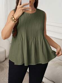 SHEIN LUNE Áo tank top không tay cổ tròn màu trơn, cỡ lớn, kiểu dáng thường ngày - xanh quân đội - Xem 8
