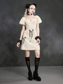 ROMWE Goth Spring/SummergraphicWomen's Dark Skull, Nail, Cross Print Mini Skater Dress, Spring/Summer - White - View 8