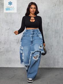 Slaydiva Plus Size Women Distressed Waistband Wide Leg Loose Fit Jeans - Blue - View 5