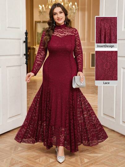 Reflora فستان نسائي أنيق بأكمام طويلة من الدانتيل مناسب للحفلات، مقاسات كبيرة