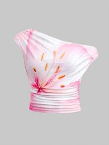 SHEIN 少女休闲度假粉色大花朵百合印花露肩泡泡袖上衣 - 粉色 - 查看 5
