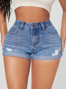 Rivivi Plus Size Summer Casual Washed Distressed Slim Fit Denim Shorts - Blue - View 3