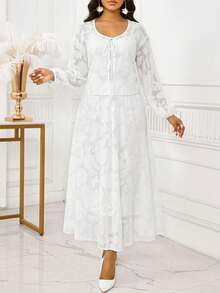 SHEIN Lady 两件套女士简约纯色系带长袖上衣和裙子套装 - 白色 - 查看 6