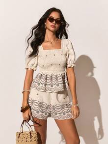 Poéselle 2pcs Woven Floral Hem Puff Sleeve Women Set,Summer Music Festival Outfits,Holiday Date Outfits,Boho Inspired Printed Vacation Two-Piece Set - Khaki - View 7