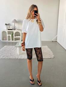 Siren Gaze 女士黑色蕾丝透视骑行短裤高腰薄纱花卉图案打底裤夏季休闲风格弹力腰带撞色蕾丝时尚性感七分打底裤夏季休闲黑色透视短裤紧身裤夏季服装夏季度假服装嘉年华服装沙滩短裤黑色短裤骑行短裤套装女士短款打底裤女士长款短裤蕾丝打底裤 - 黑色 - 查看 6